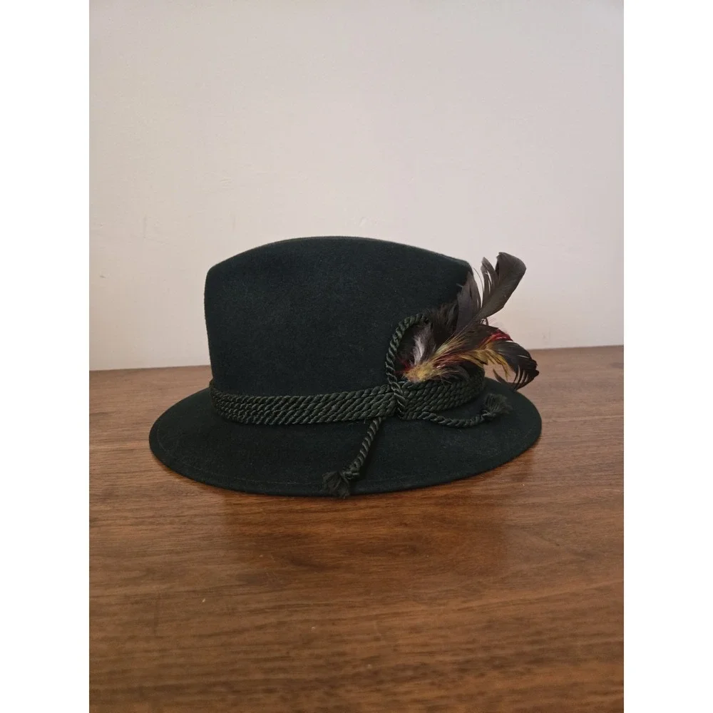 Vintage Alpine Green Fedora Hat with Feather Wool Felt Bavarian Mens 7 1/4